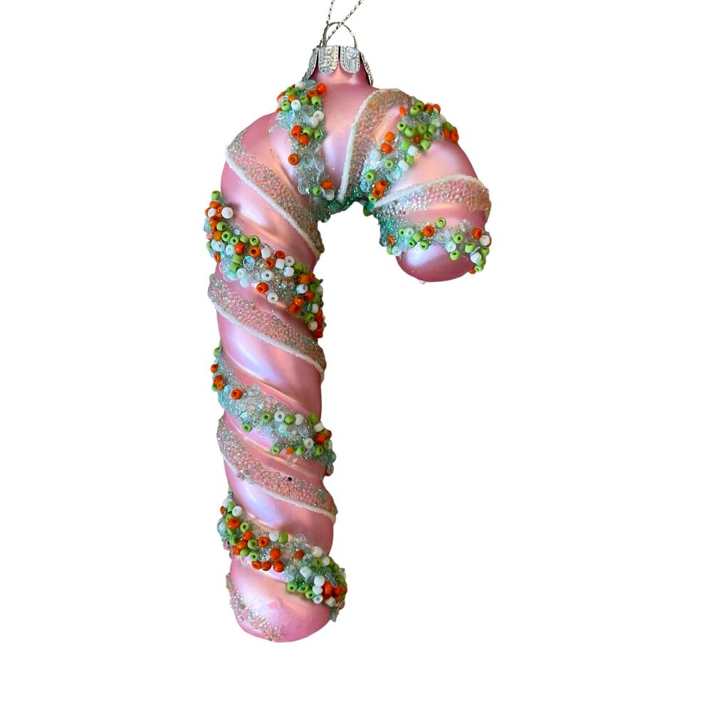 Pink Beaded Candy Cane Glass Ornament 5.5in Brighten The Season Christmas NEW